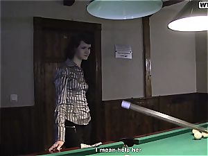 thin tiny hoe gets tag teamed on the pool table